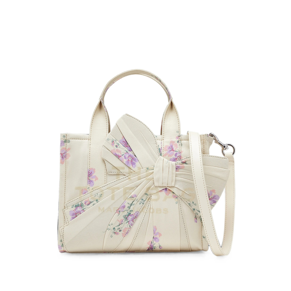 Marc Jacobs Small Tote In Antique Floral Canvas With Oversized Bow In Neutrals