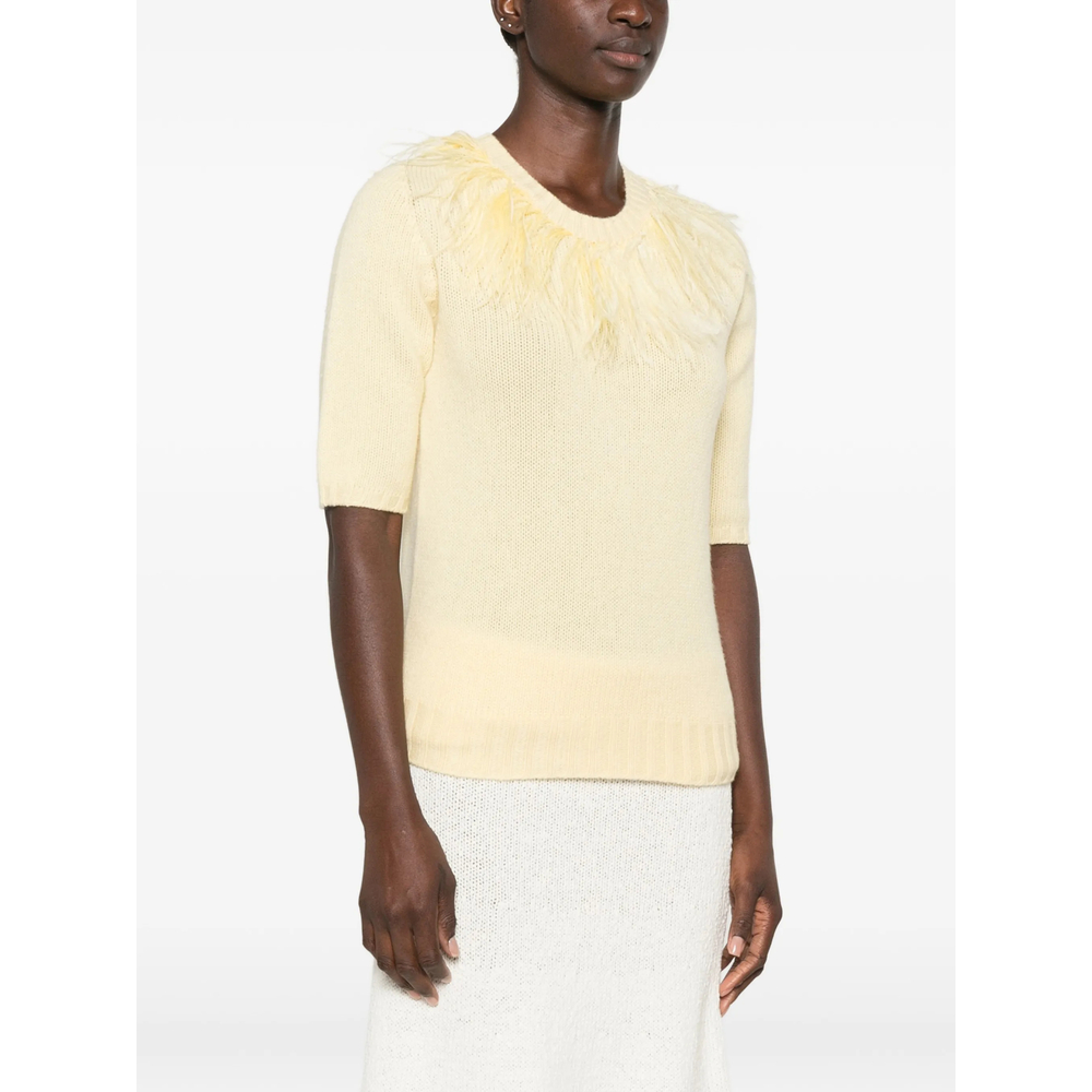 Feather-Trim Short-Sleeve Sweater