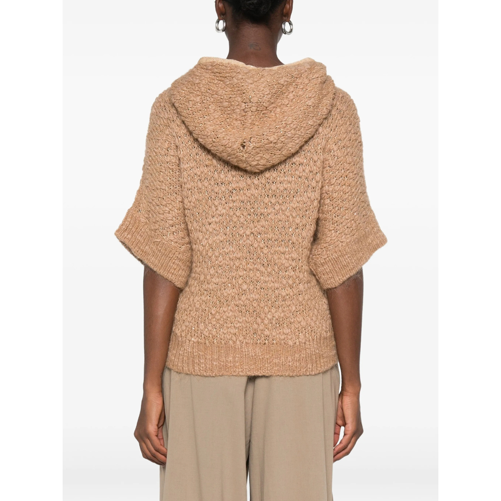 Open-Knit Short-Sleeve Hooded Sweater
