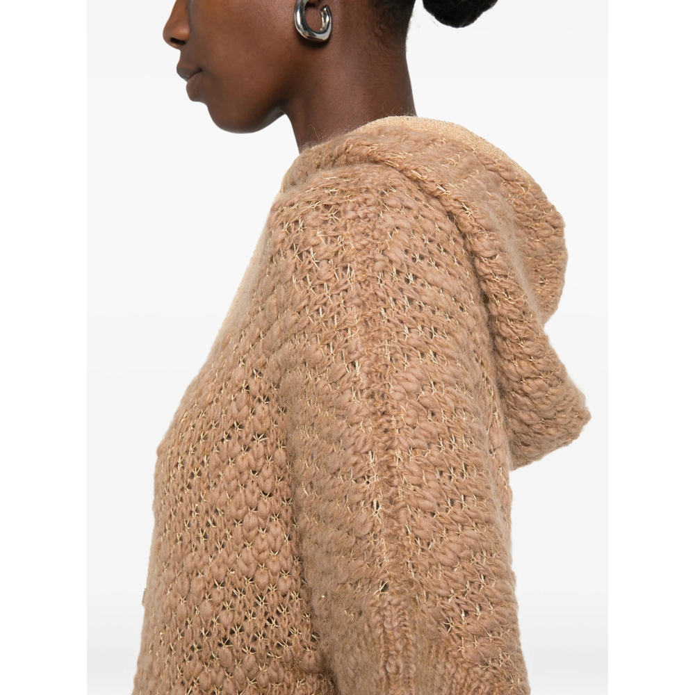 Open-Knit Short-Sleeve Hooded Sweater