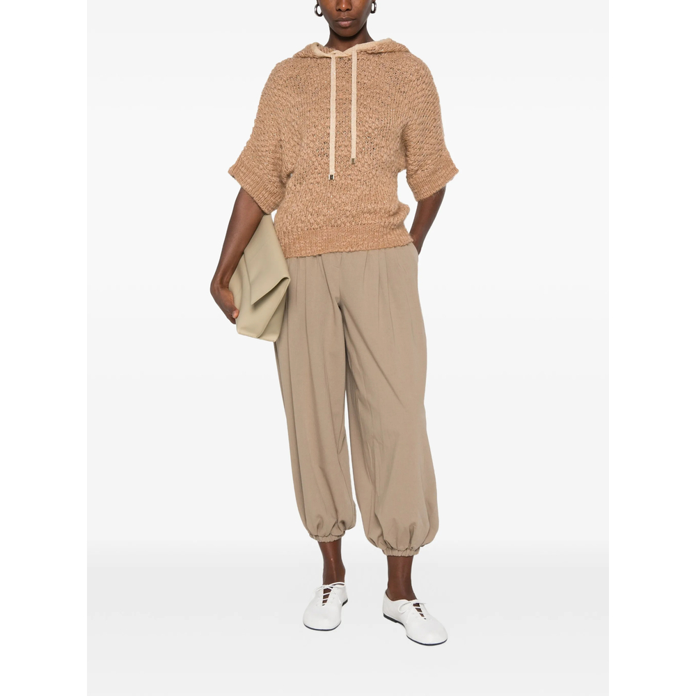Open-Knit Short-Sleeve Hooded Sweater