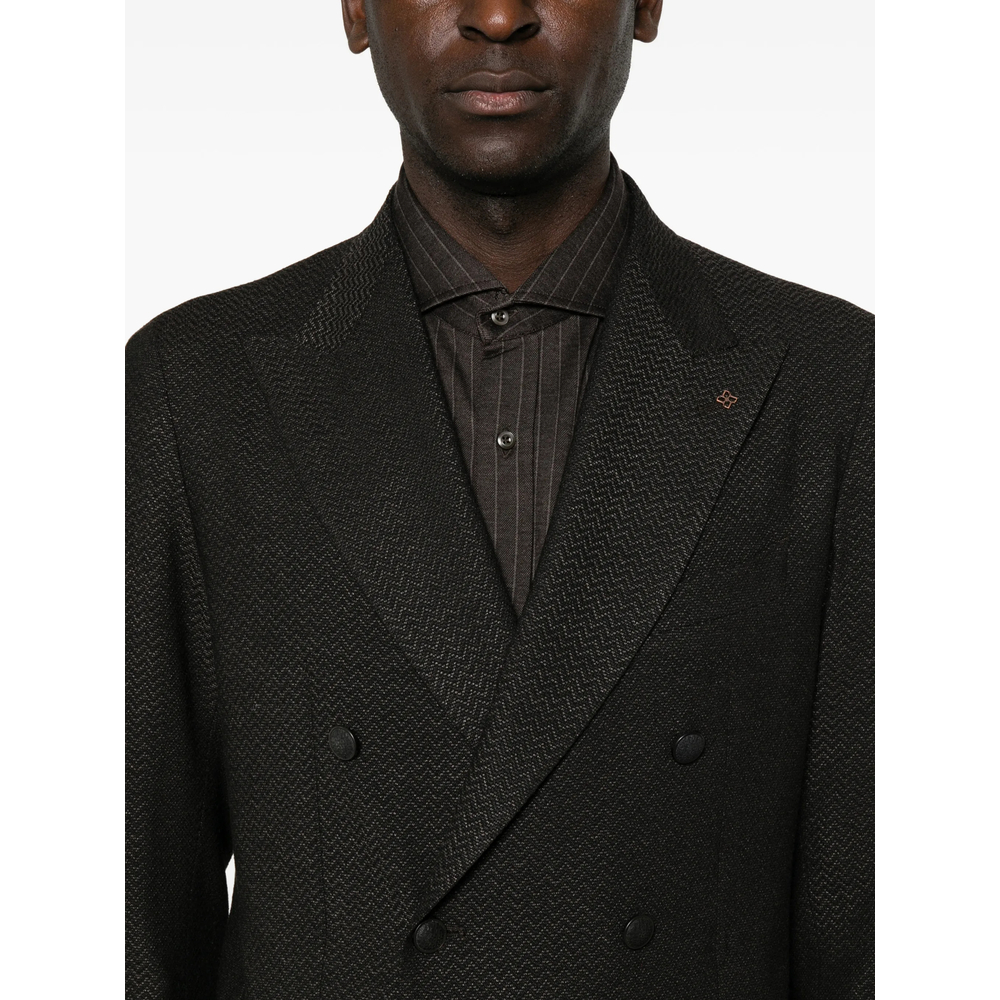 Double-Breasted Chevron-Weave Blazer