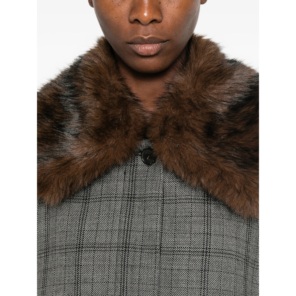 Check Faux-Fur Collar Coat
