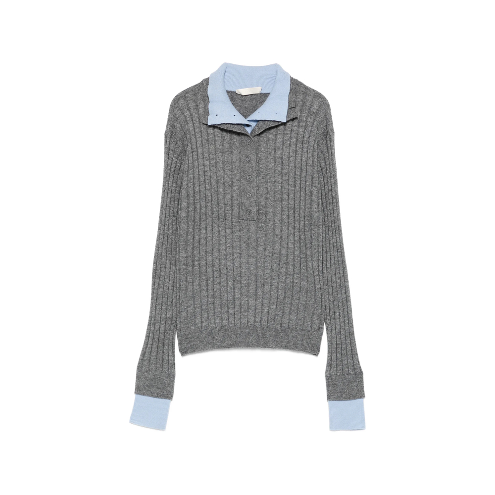 Ribbed-Knit Button-Up Polo Top