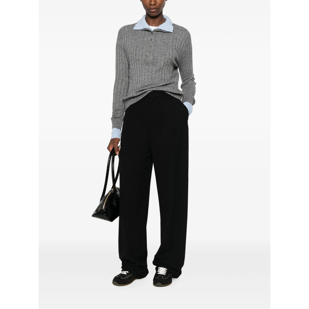 Ribbed-Knit Button-Up Polo Top