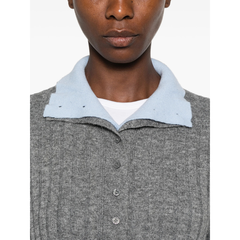 Ribbed-Knit Button-Up Polo Top