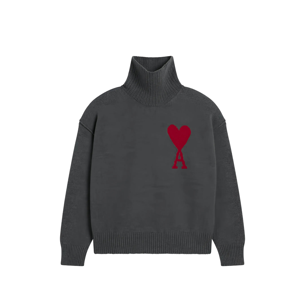Ami Paris Grey Funell Neck Wool Sweater With Ami De Coeur
