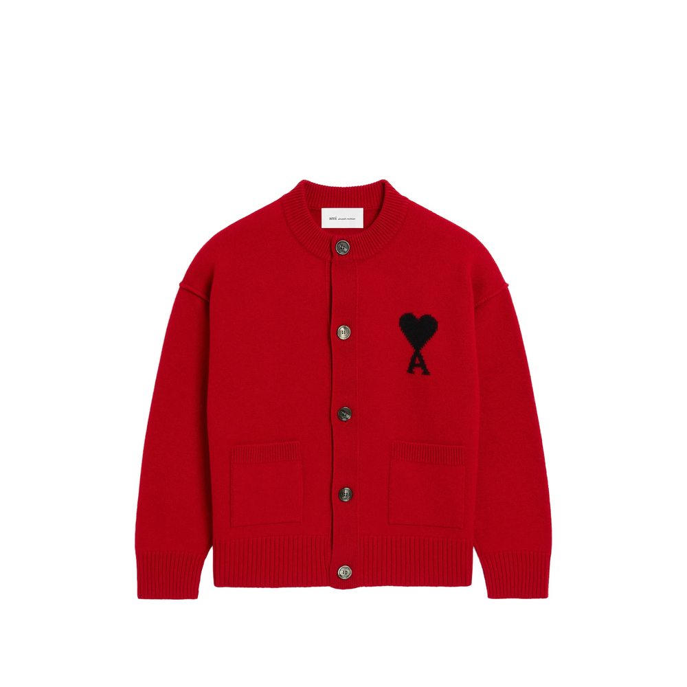 Ami Paris Red Crewneck Wool Cardigan With Ami De Coeur