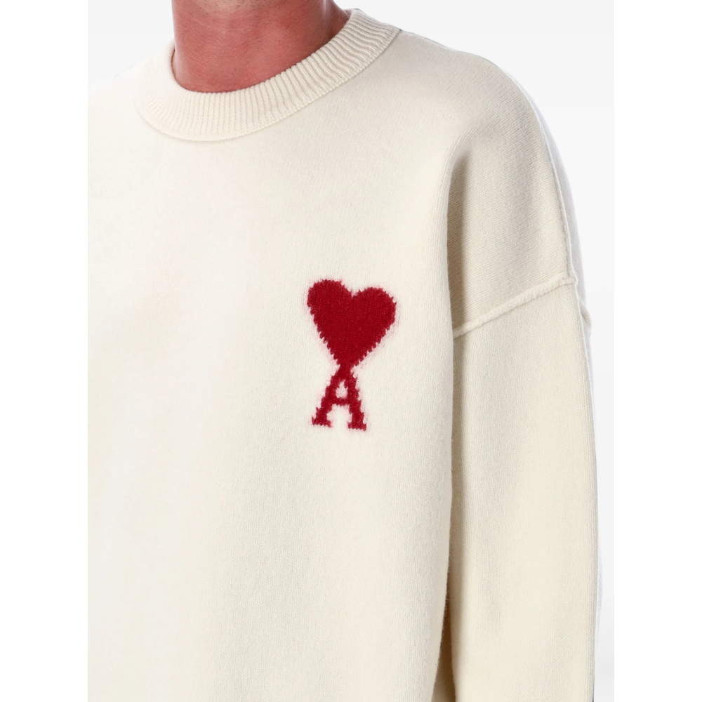 Ami Paris Natural Crewneck Wool Sweater With Ami De Coeur