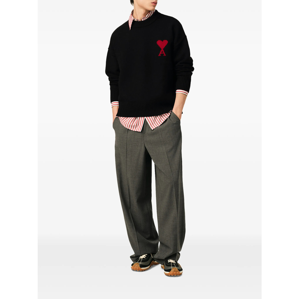Ami Paris Black Crewneck Wool Sweater With Ami De Coeur