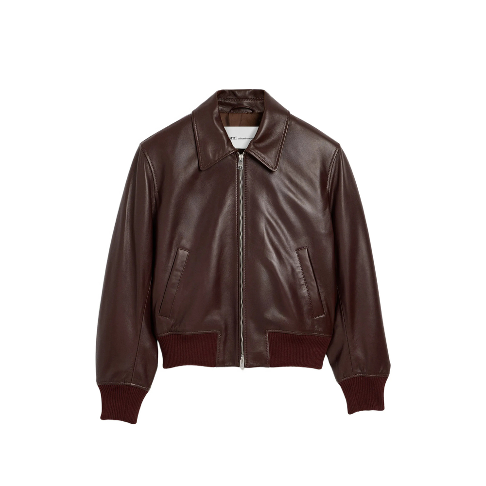 Ami Alexandre Mattiussi Lamb-leather Zipped Jacket In Brown