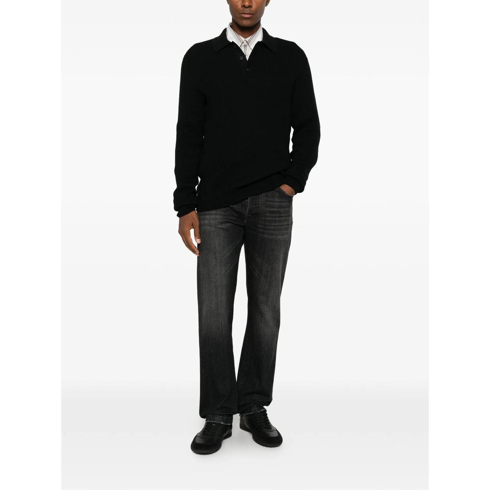 Waffle-Knit Long-Sleeve Polo Shirt