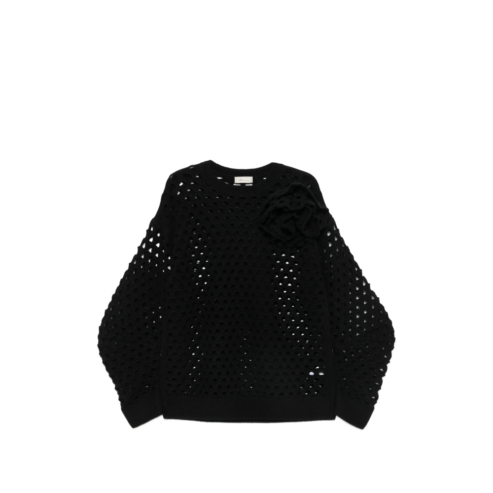 Crochet-Knit Floral-Appliqué Sweater