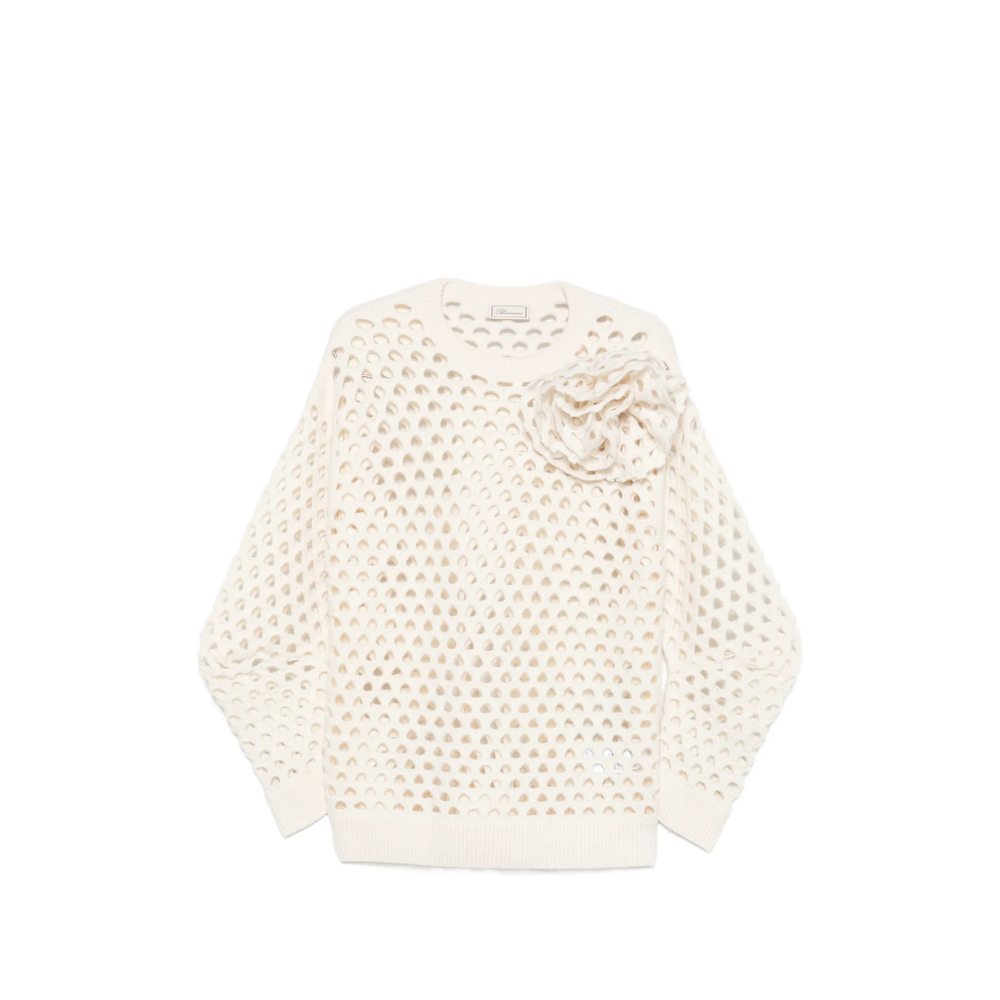 Floral-Appliqué Open-Knit Sweater