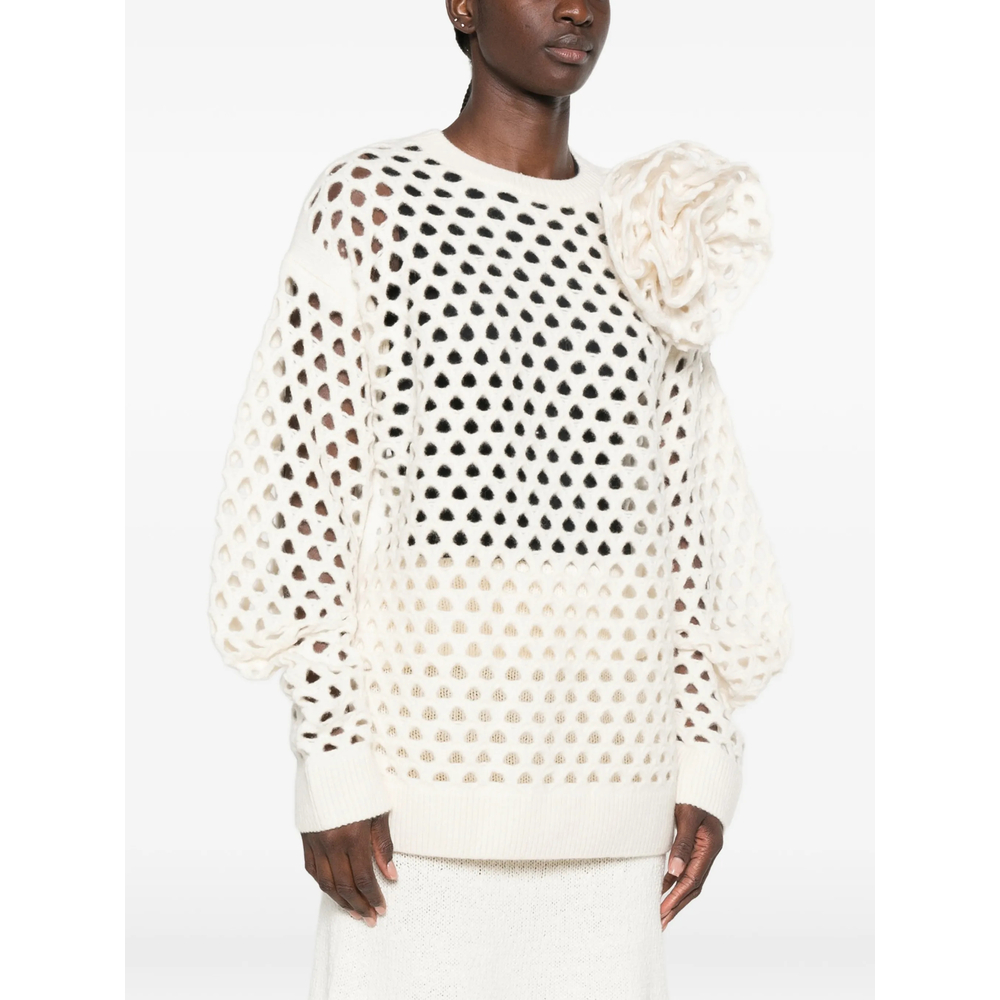 Floral-Appliqué Open-Knit Sweater