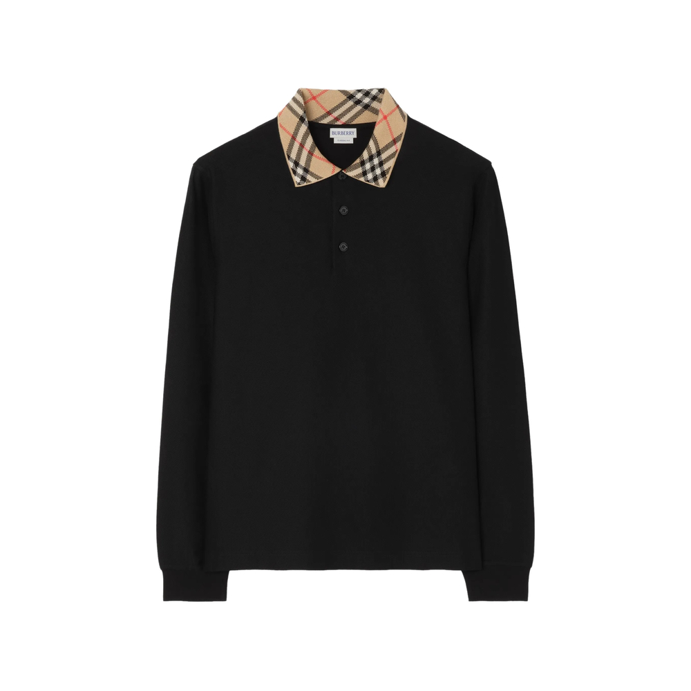 Long-Sleeve Check-Collar Cotton Polo Shirt