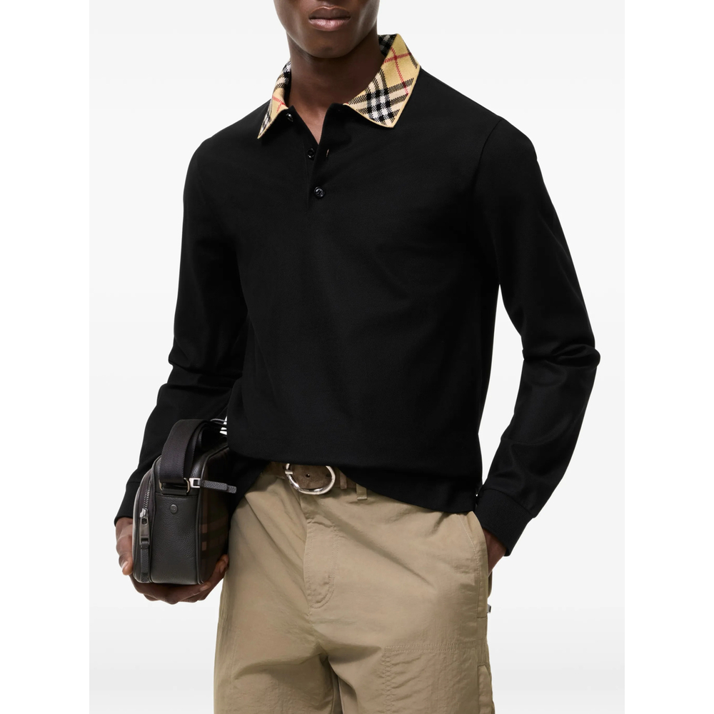 Long-Sleeve Check-Collar Cotton Polo Shirt