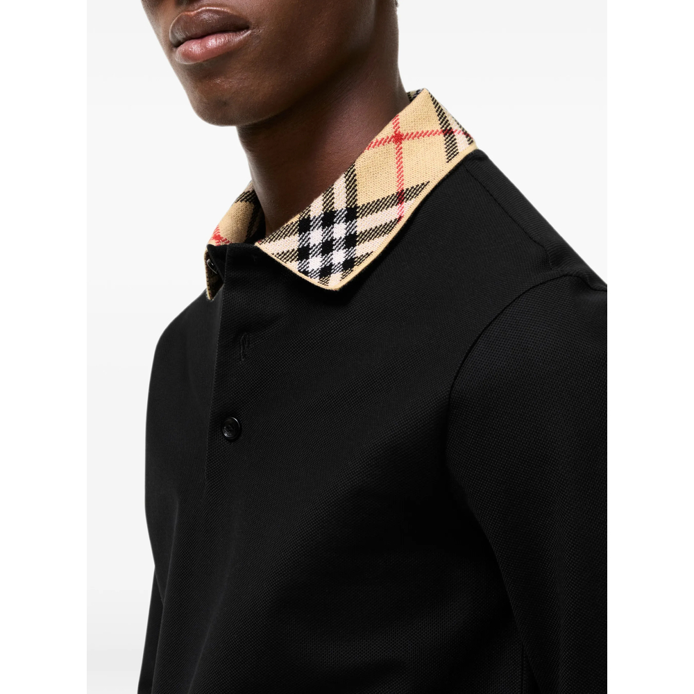 Long-Sleeve Check-Collar Cotton Polo Shirt