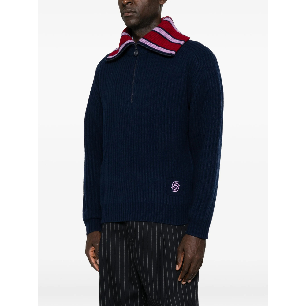 Drôle De Monsieur Striped-Collar Quarter-Zip Sweater