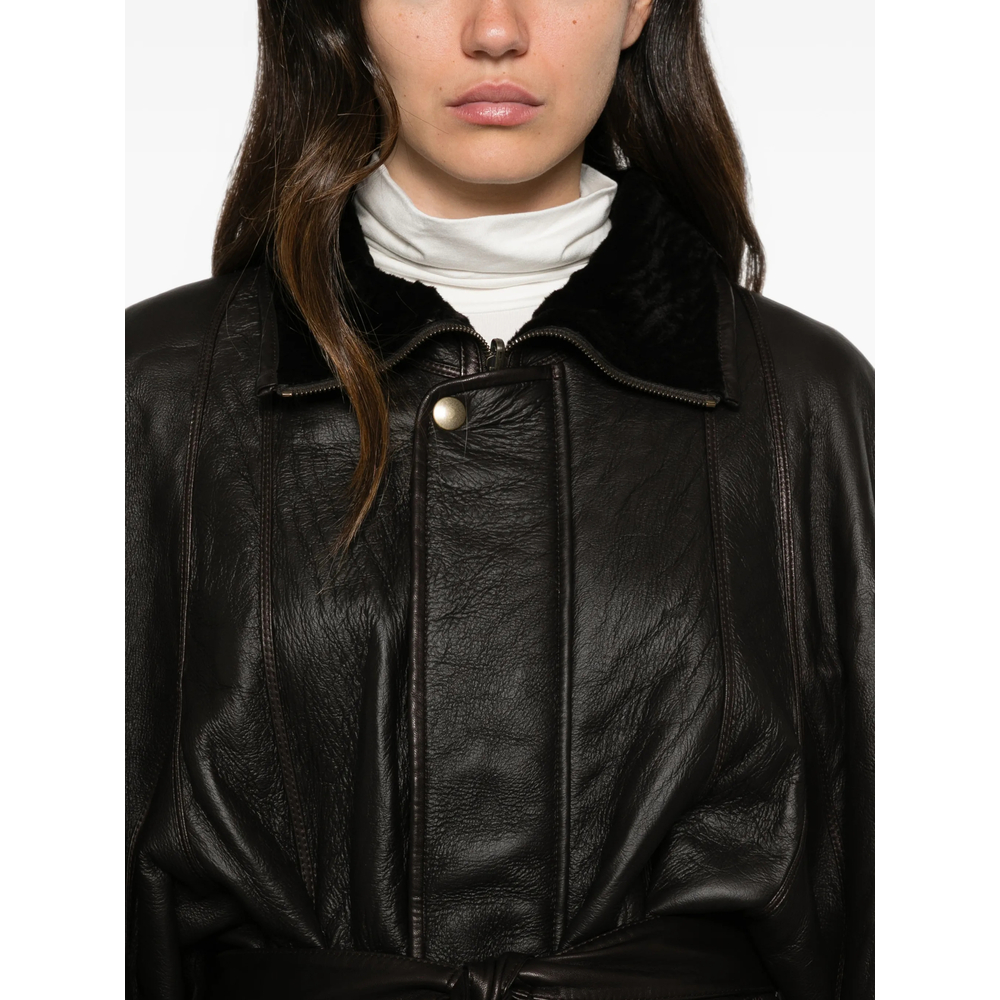 Belted Shearling-Collar Jacket