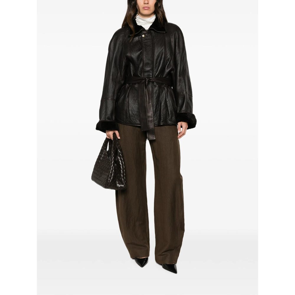 Belted Shearling-Collar Jacket