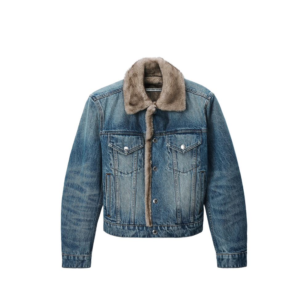 Alexander Wang Denim Jacket W/ Faux Mink Lining In Blue