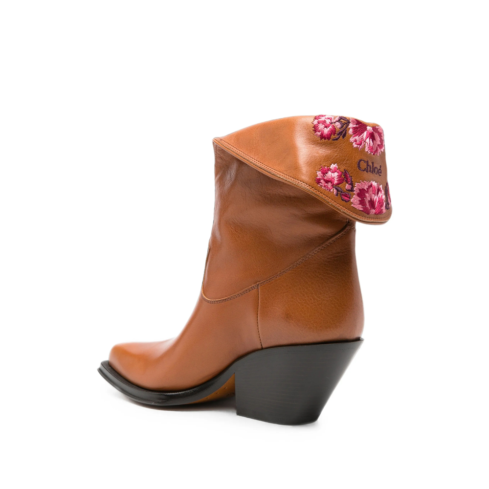 Chloé Floral-Embroidered Fold-Over Ankle Boots