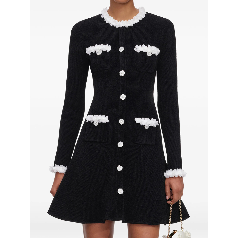 Self-portrait Black Chenille Knit Flower-trim Mini Dress