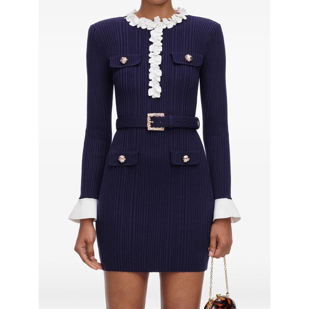 Self-portrait Navy Flower Rib Knit Mini Dress