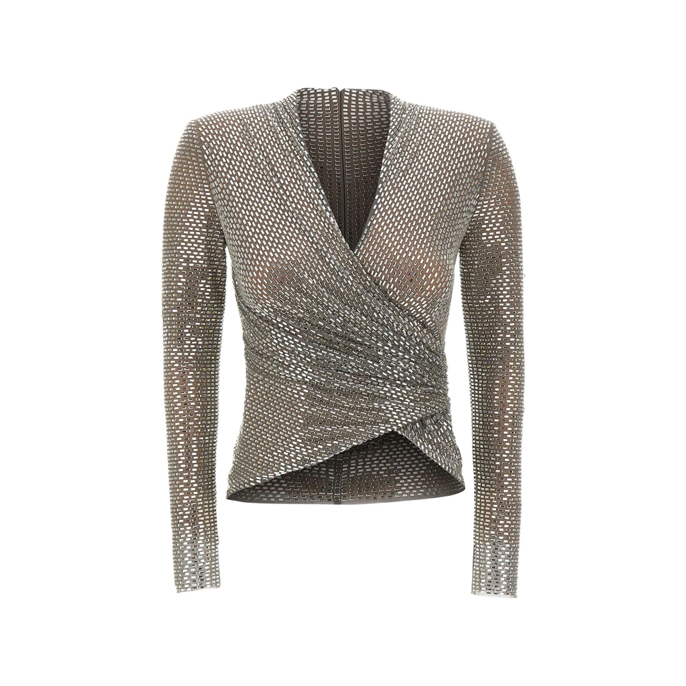 Grey Rhinestone Mesh Wrap Top
