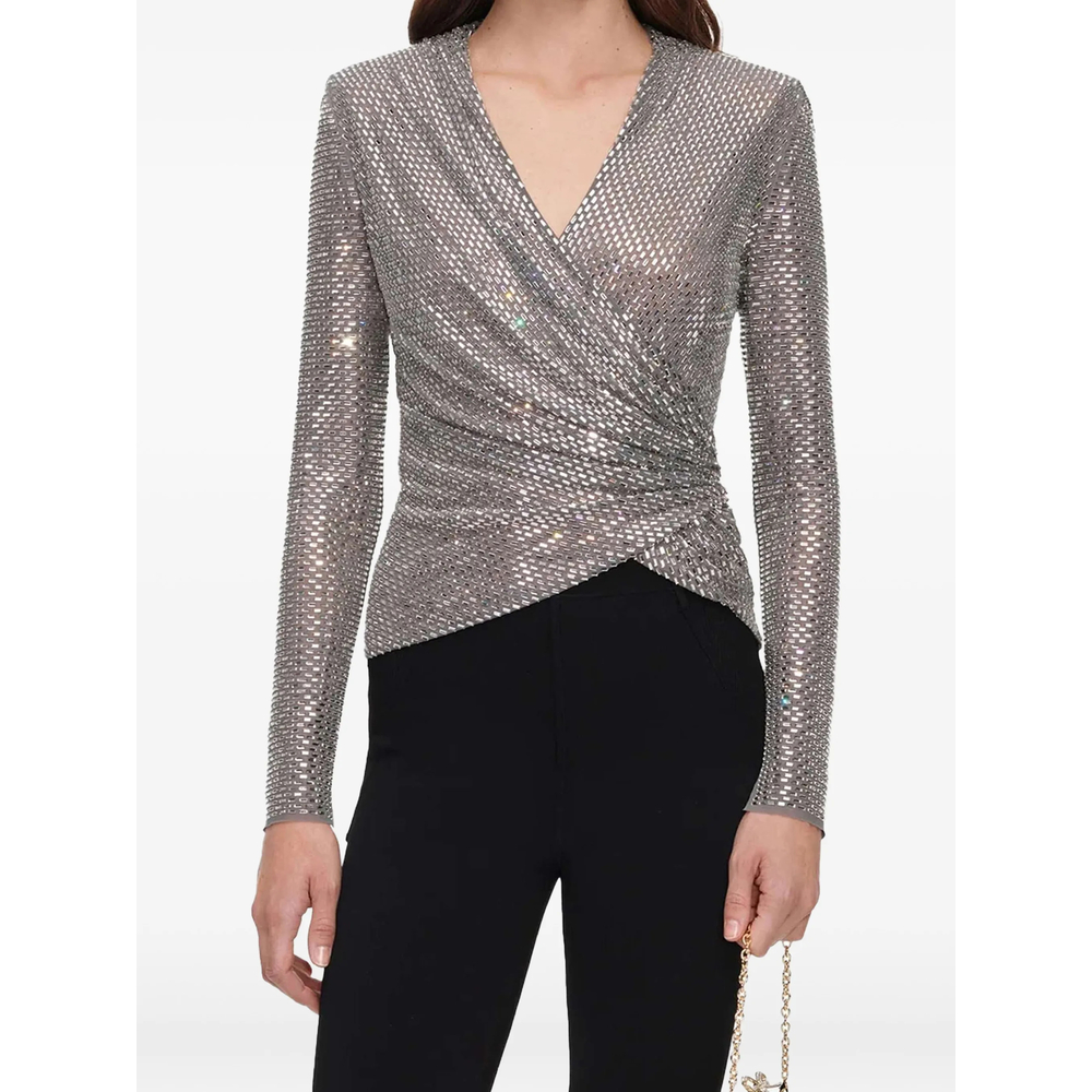 Grey Rhinestone Mesh Wrap Top