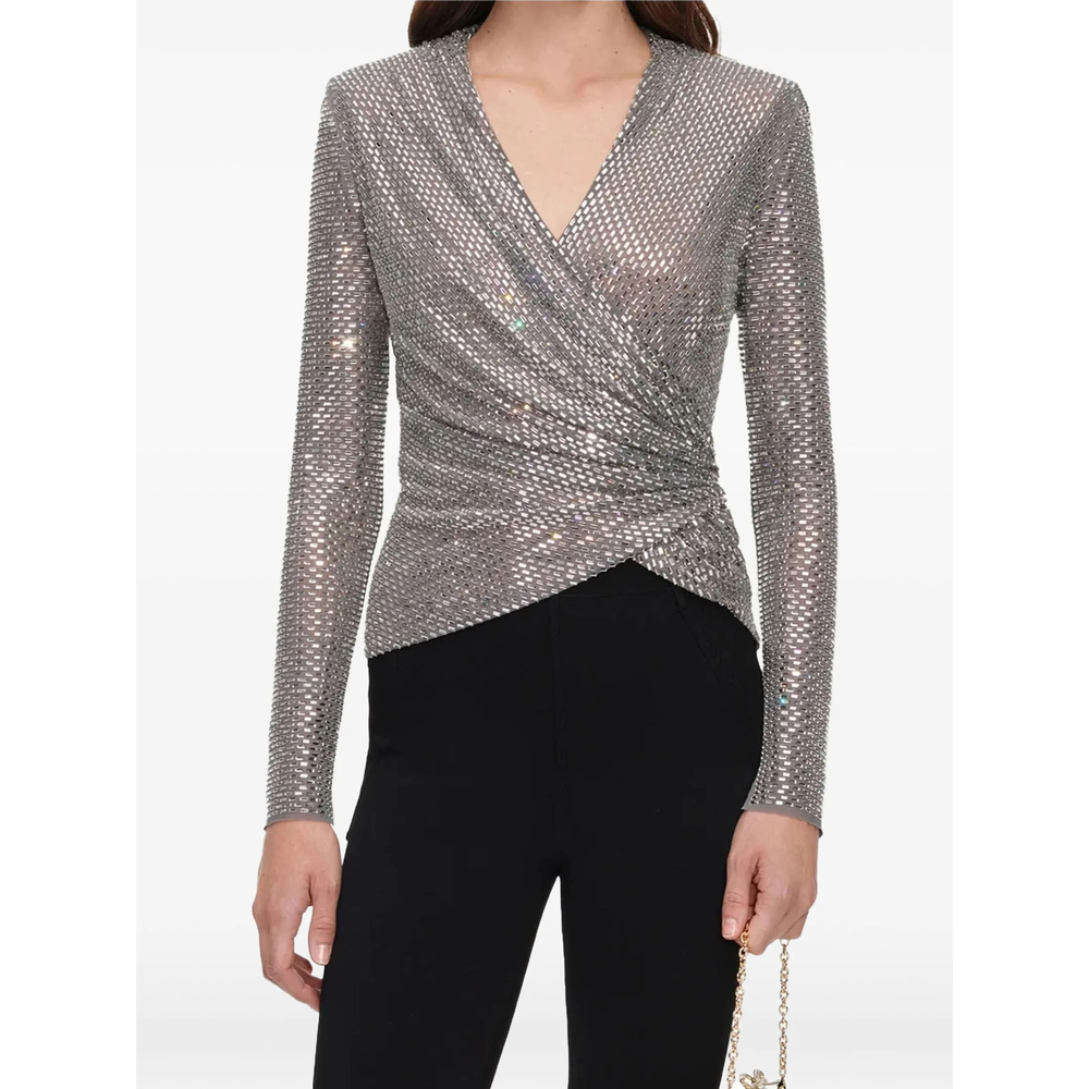 Grey Rhinestone Mesh Wrap Top