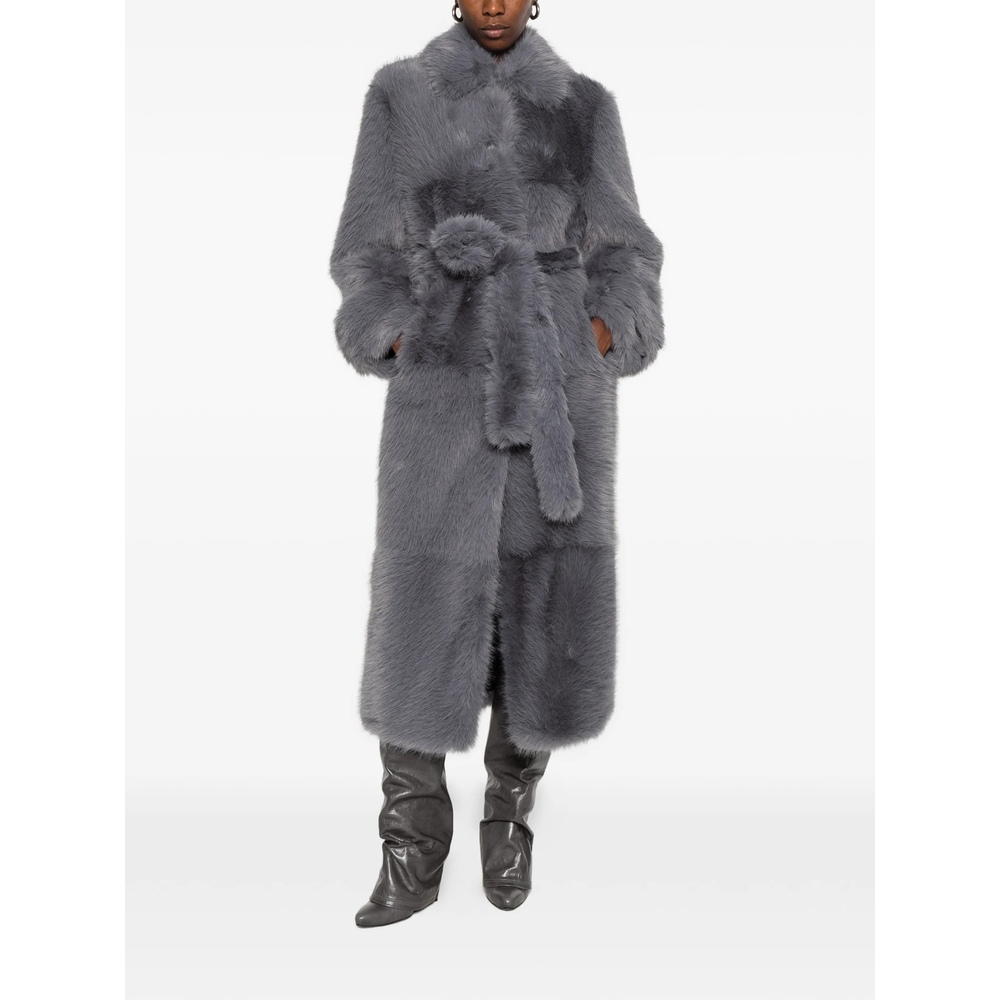 Stand Belted Faux-Fur Coat