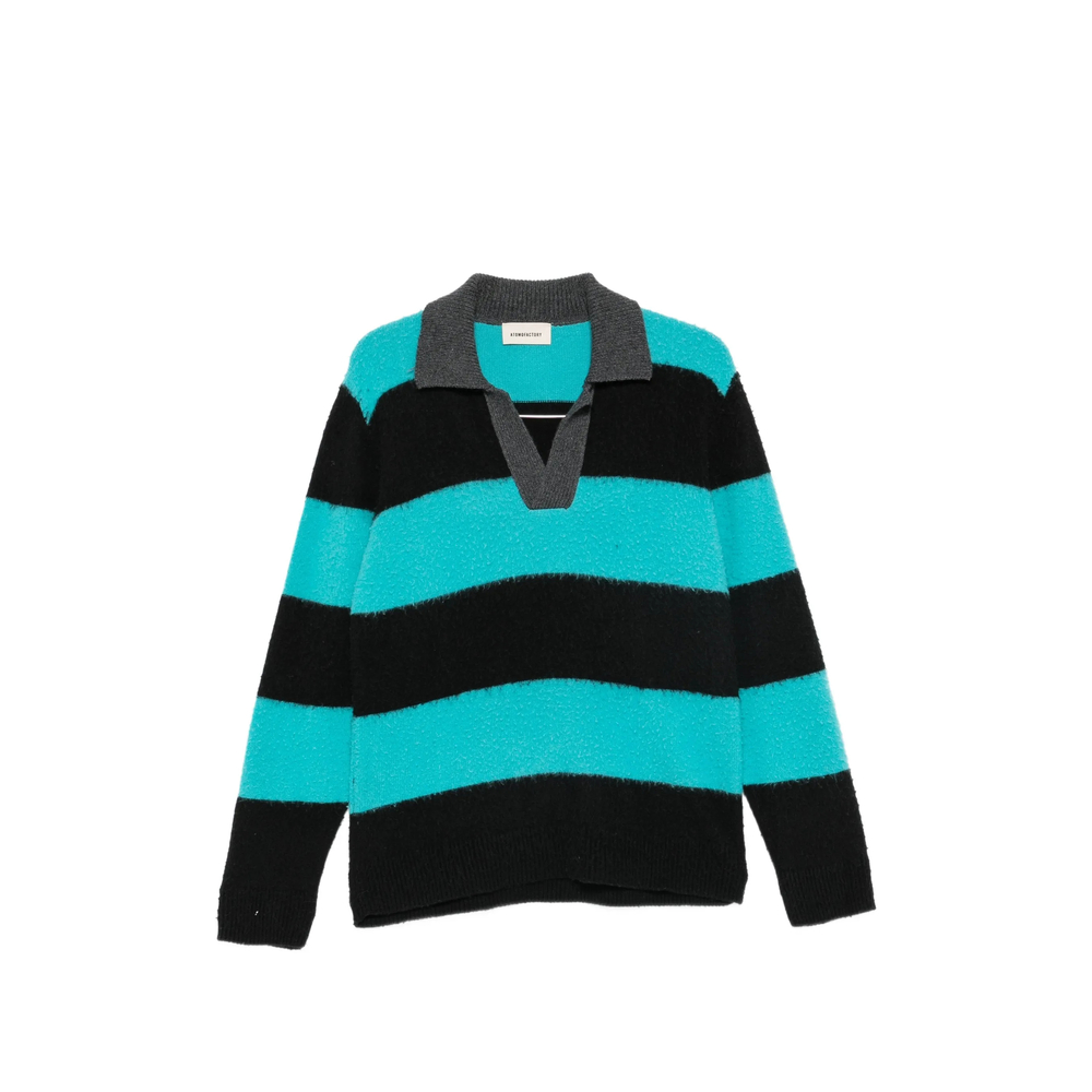 Atomo Factory Striped Textured Polo Shirt In Black/blue