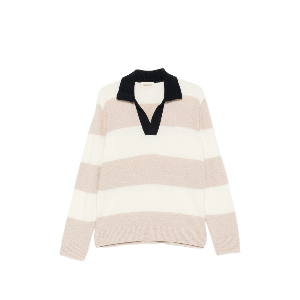 Atomo Factory Horizontal-stripe Spread-collar Polo Shirt In Neutrals/white