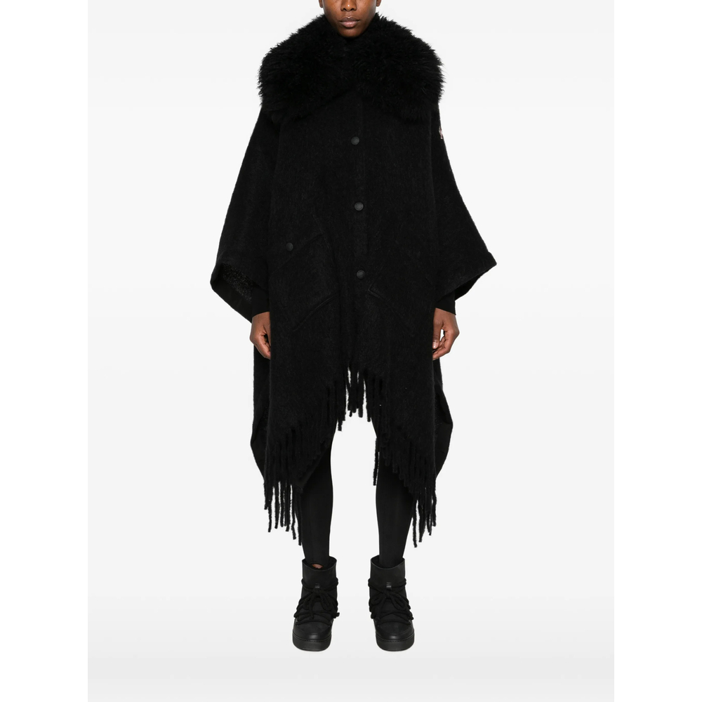 Grenoble Shearling-Collar Fringed-Hem Cape