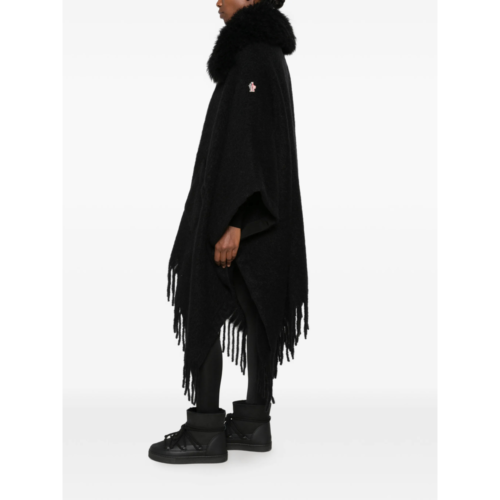 Grenoble Shearling-Collar Fringed-Hem Cape