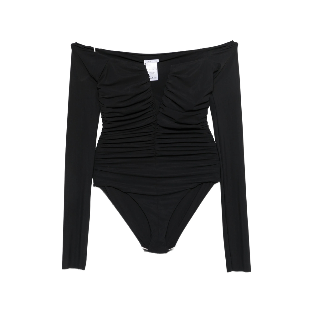 Amazuìn Alika Off-shoulder Ruched Bodysuit In Black
