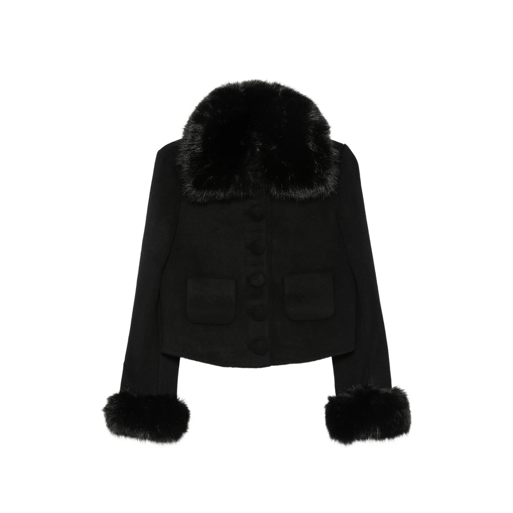 Self-portrait Faux-fur Trim Button-up Jacket In Black