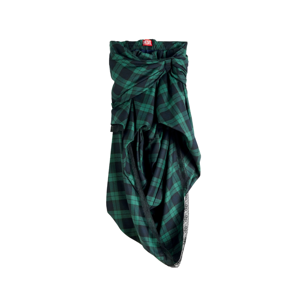 Diesel Draped Tartan Midi Skirt With Lace-trim In Green/blue