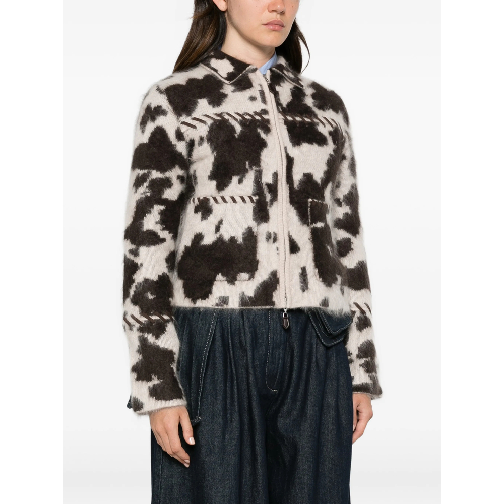 Cow-Print Whipstitch-Trim Jacket