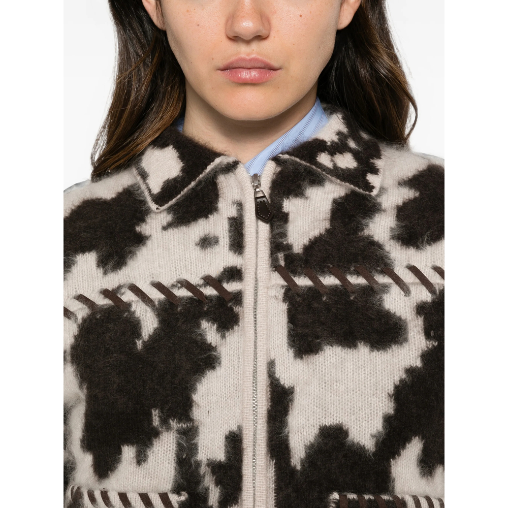 Cow-Print Whipstitch-Trim Jacket