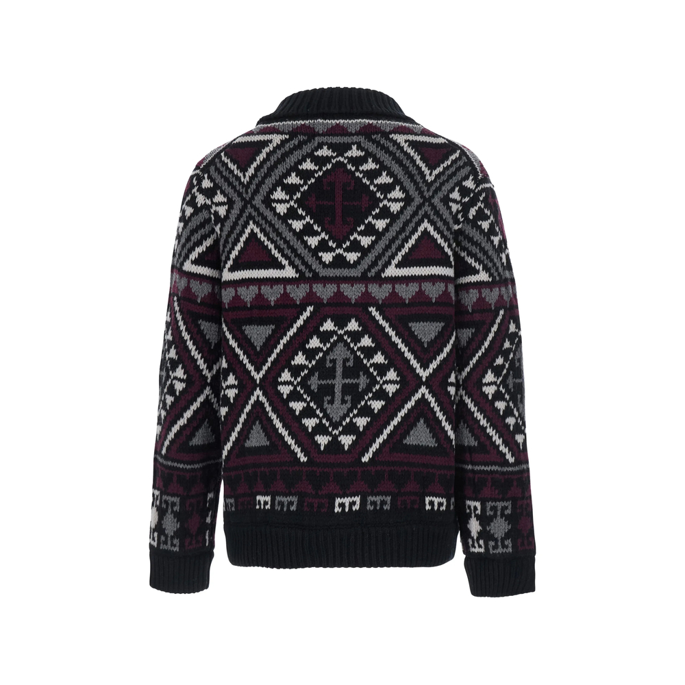 Geometric-Pattern Zip-Up Cardigan