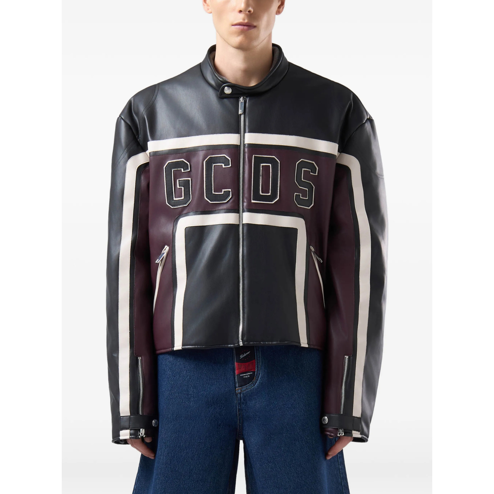 Logo-Patch Panelled Biker Jacket