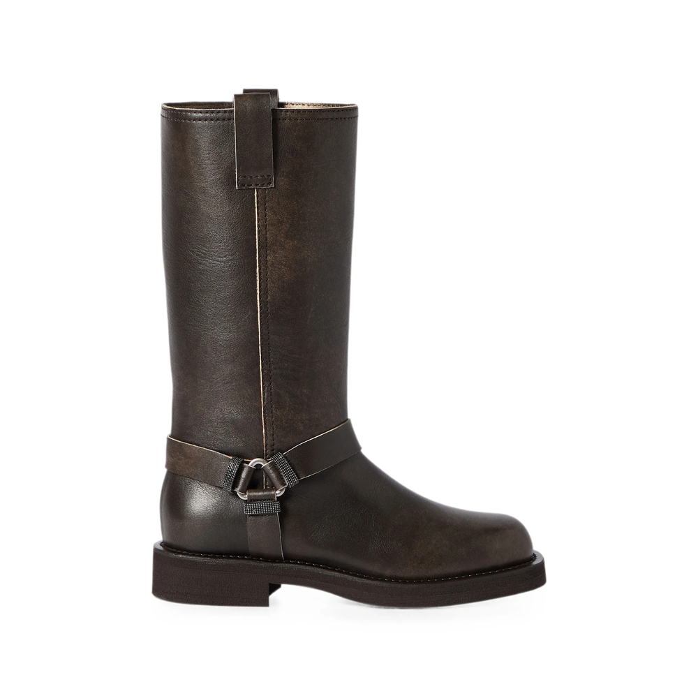 Brunello Cucinelli Leather Biker Boots With Shiny Monili Loops