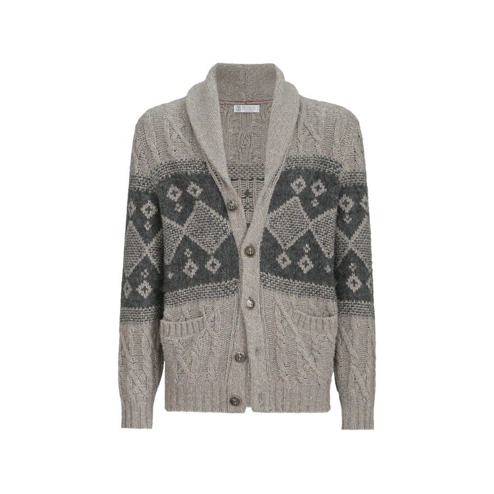 Brunello Cucinelli Virgin-wool, Silk And Cashmere Chiné Cable-knit Cardigan With Intarsia