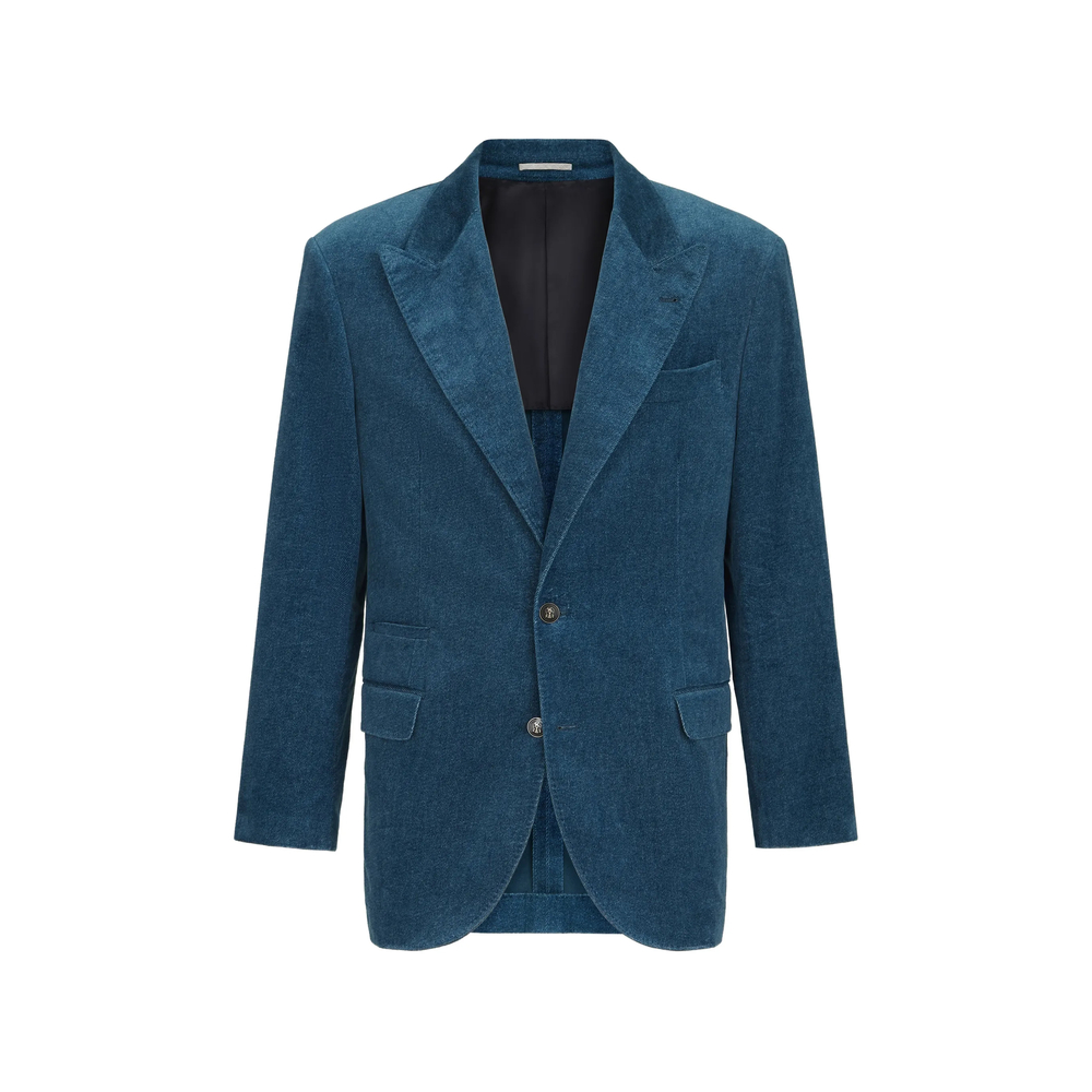 Brunello Cucinelli Denim-effect Cotton Velvet Tailor Blazer With Peak Lapels