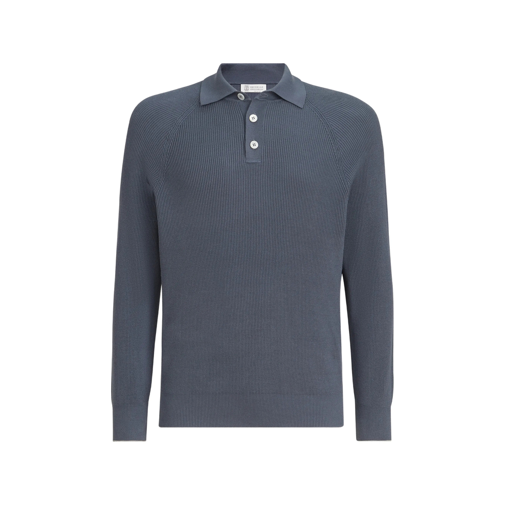 Brunello Cucinelli Cotton English Rib Knit Polo With Long Raglan Sleeves