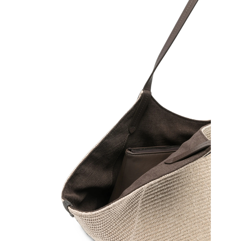 Woven Leather-Trim Shoulder Bag