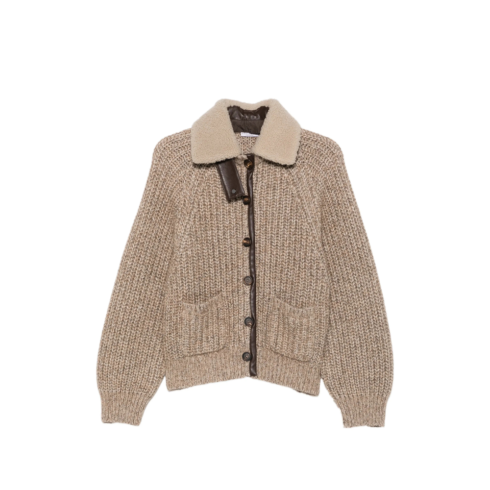 Brunello Cucinelli Shearling-collar Ribbed-knit Cardigan